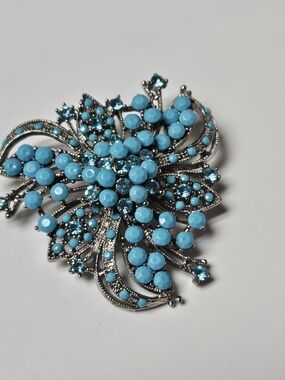 Turquoise Blue Floral Crystal Brooch Pin